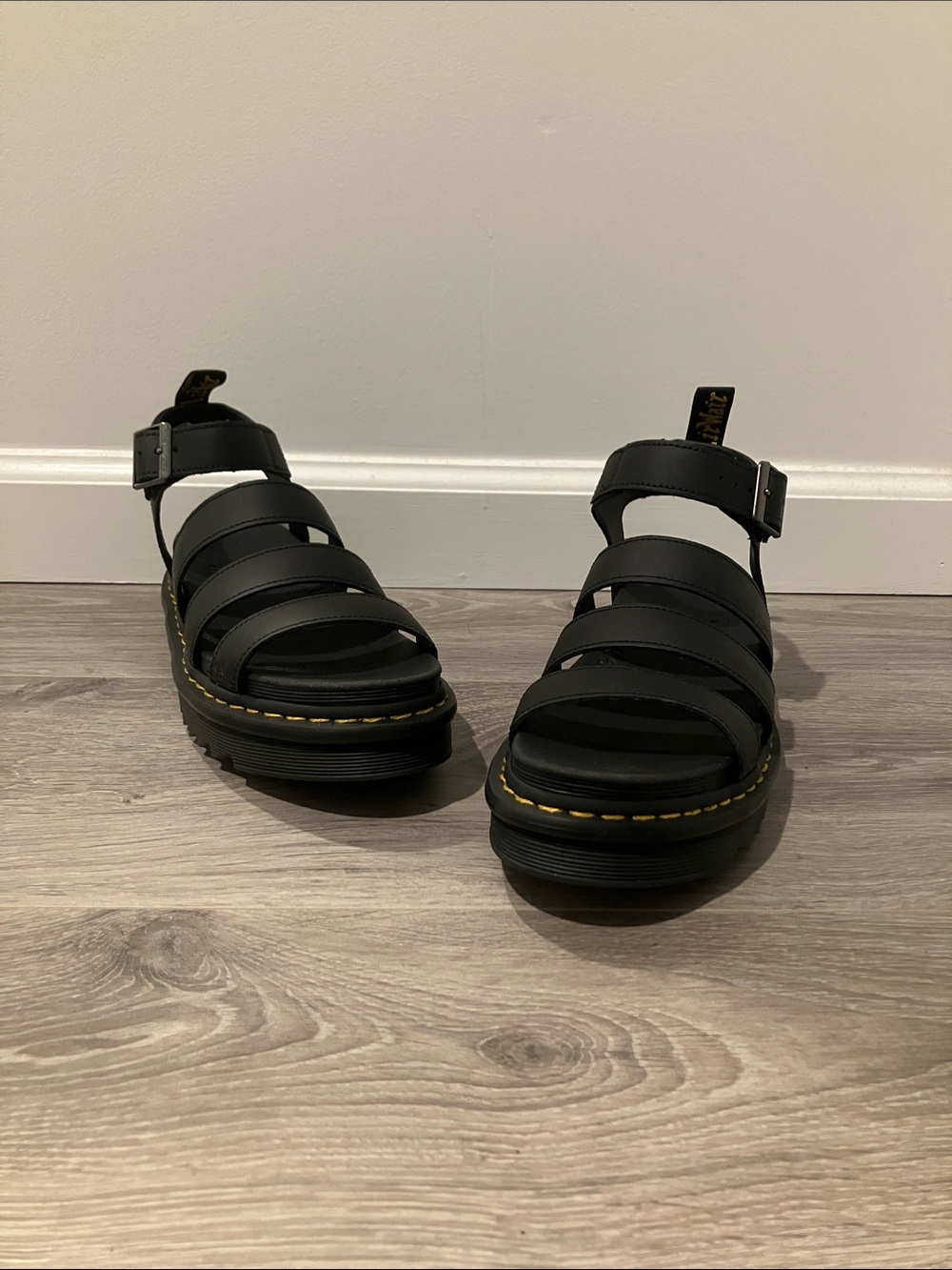Dr. Martens Black Strappy Platform Sandals with Yellow Stitching